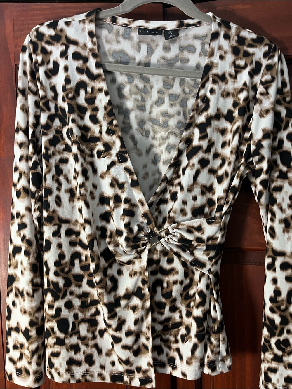 Tahari Leopard Print Wrap Blouse in Brown and Black Medium